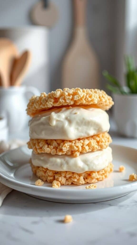 Rice Krispie Ice Cream – Nostalgic Crunch Meets Frozen Delight 4 A close-up of a rice krispie ice cream sandwich featuring a thick layer of creamy vanilla ice cream between two golden, crispy rice krispie treat layers. The sandwich is neatly stacked on a white plate with a blurred background of kitchen utensils and soft lighting.